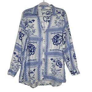 Floral‎ Linen Shirt Button Front Roll Tab Sleeve Plus 1X Blue White
